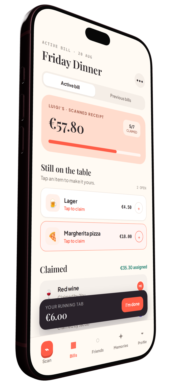 BillSplitter active bill for Friday Dinner showing items still on the table, claimed items and your running tab
