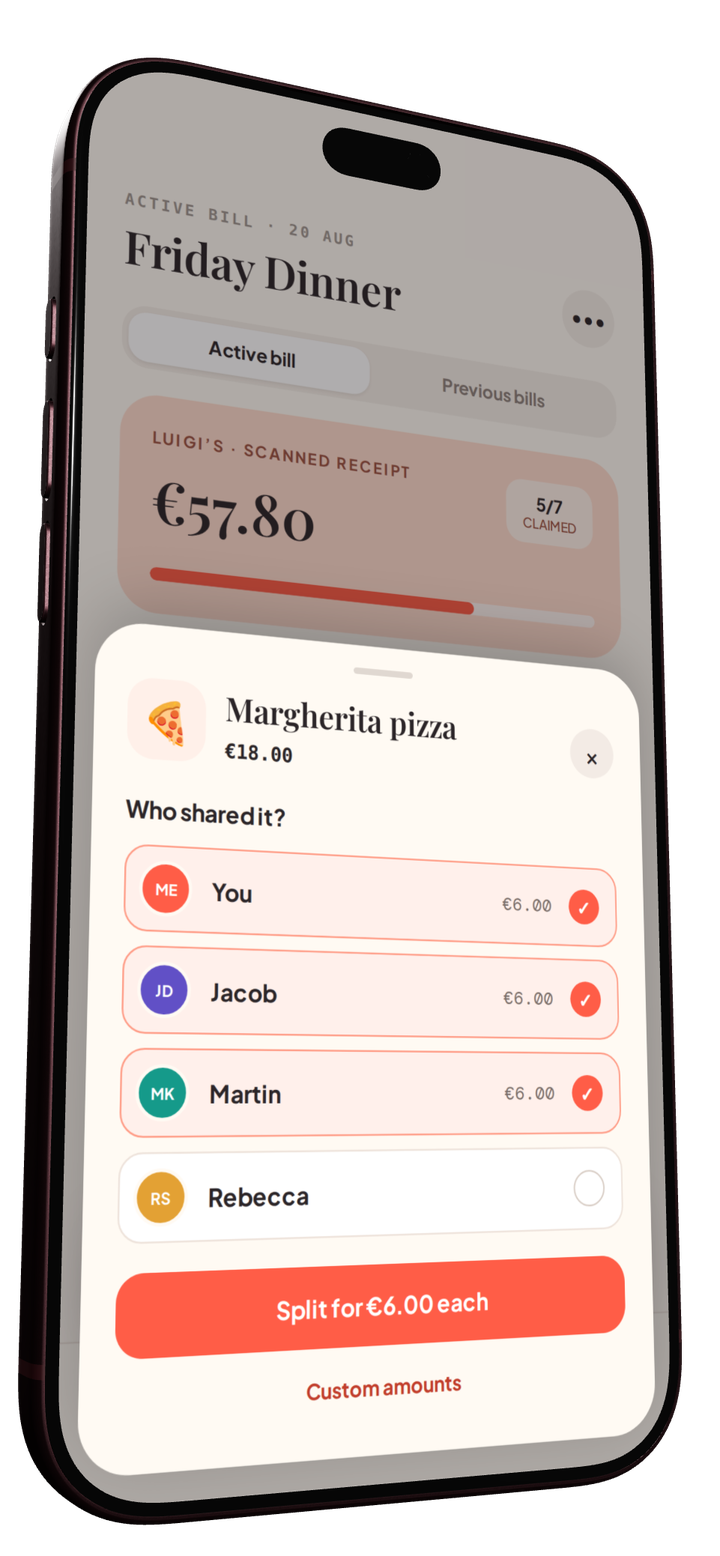 BillSplitter split sheet dividing a €18 Margherita pizza between three friends at €6.00 each